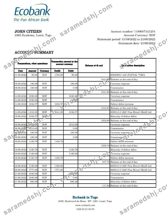 Togo Ecobank bank statement xls